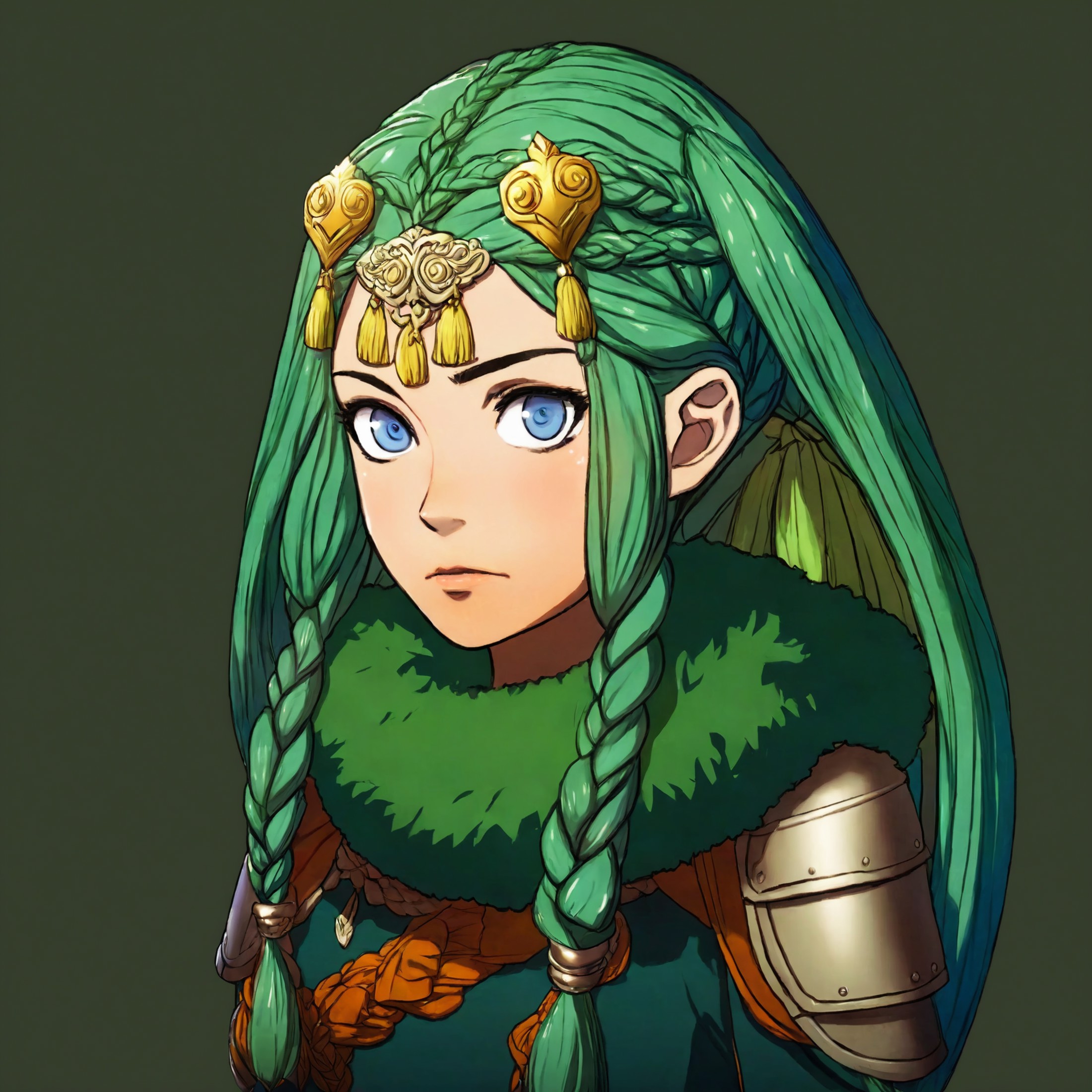 A portrait of a Fire Emblem girl with a simple green background, She is angry and young with green twin tail braided hair ...